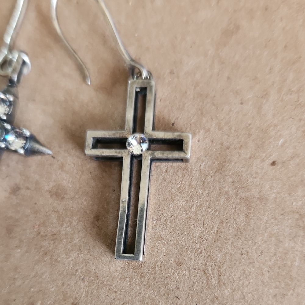 Yves Saint Laurent Asymetrical Oxidized Silver Tone Cross Drop Earrings - Picture 7 of 9